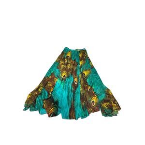 Afibi Women’s XL Peacock Print Maxi Skirt Teal Boho Flowy - Elastic Waist